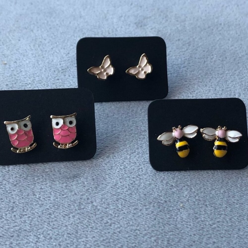Set of 3 ~ Earrings ~ Fun Gold-Tone ~ Owl Bumblebee Butterfly ~ New